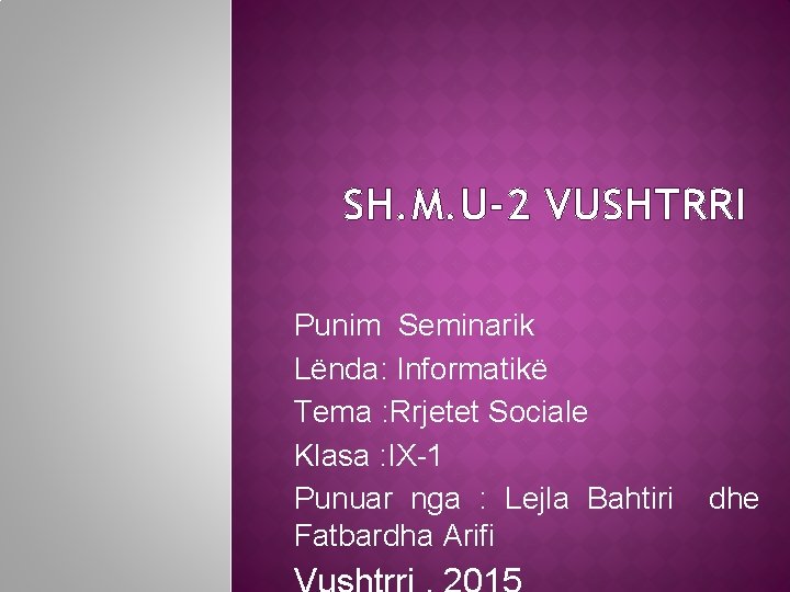 SH. M. U-2 VUSHTRRI Punim Seminarik Lënda: Informatikë Tema : Rrjetet Sociale Klasa :