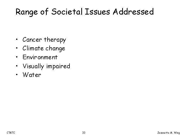 Range of Societal Issues Addressed • • • CT&TC Cancer therapy Climate change Environment