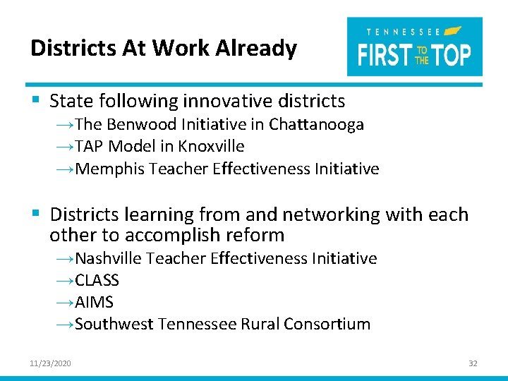 Districts At Work Already § State following innovative districts →The Benwood Initiative in Chattanooga