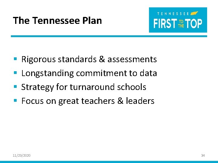 The Tennessee Plan § § Rigorous standards & assessments Longstanding commitment to data Strategy