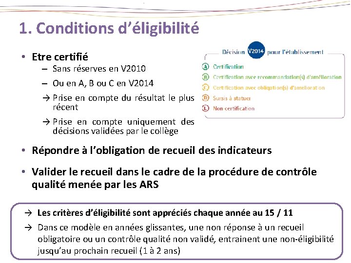1. Conditions d’éligibilité • Etre certifié – Sans réserves en V 2010 – Ou