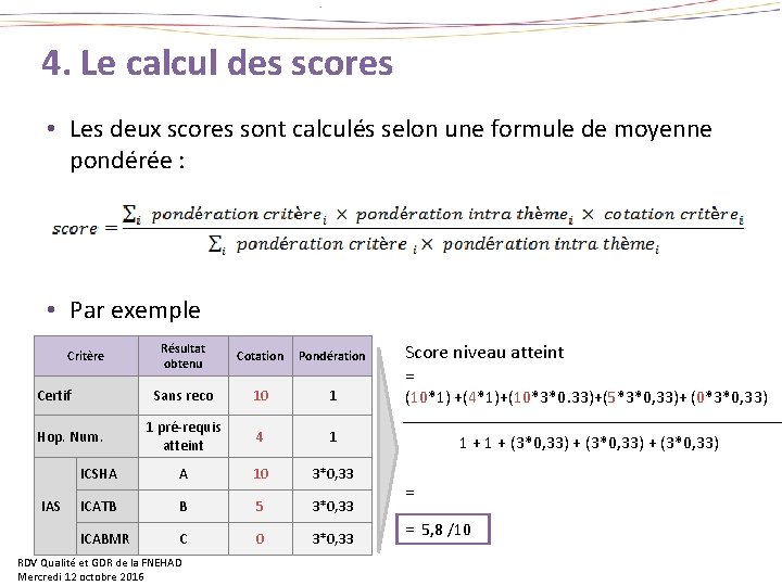 4. Le calcul des scores • Les deux scores sont calculés selon une formule