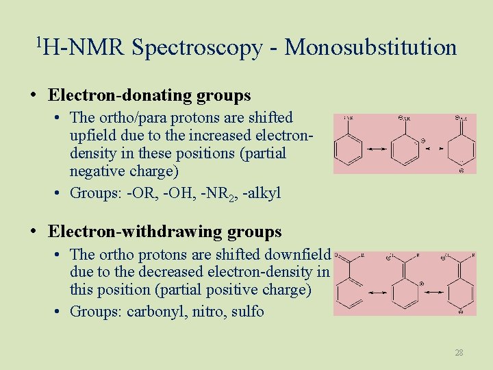 1 H-NMR Spectroscopy - Monosubstitution • Electron-donating groups • The ortho/para protons are shifted