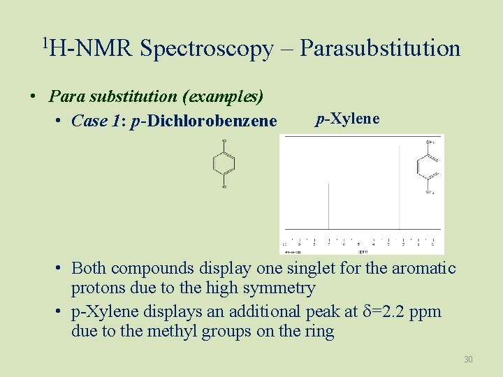 1 H-NMR Spectroscopy – Parasubstitution • Para substitution (examples) • Case 1: p-Dichlorobenzene p-Xylene
