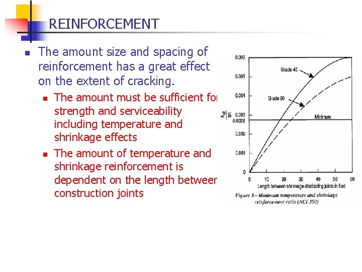 REINFORCEMENT n The amount size and spacing of reinforcement has a great effect on