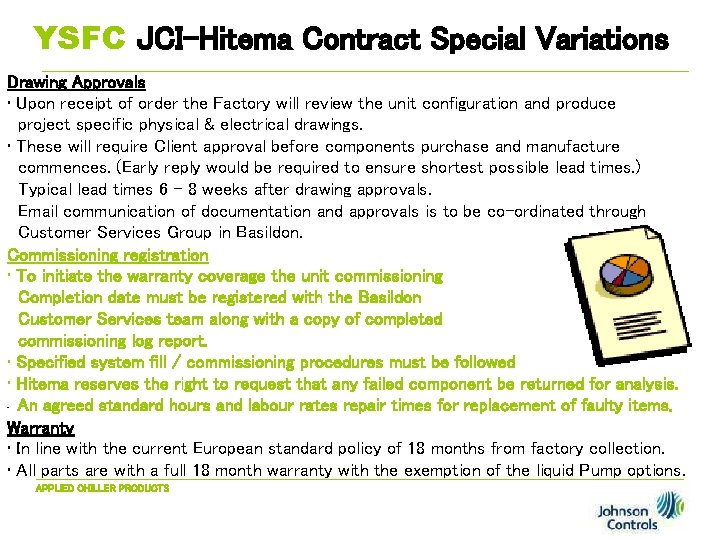 YSFC JCI-Hitema Contract Special Variations Drawing Approvals • Upon receipt of order the Factory