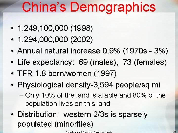 China’s Demographics • • • 1, 249, 100, 000 (1998) 1, 294, 000 (2002)