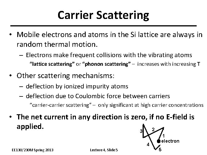 Carrier Scattering • Mobile electrons and atoms in the Si lattice are always in