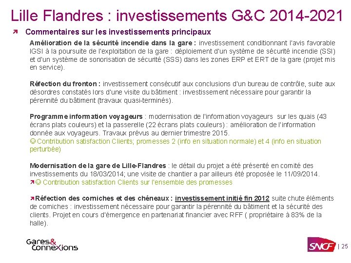 Lille Flandres : investissements G&C 2014 -2021 Commentaires sur les investissements principaux Amélioration de