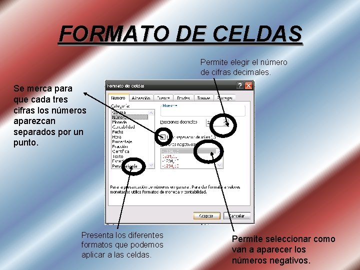 FORMATO DE CELDAS Permite elegir el número de cifras decimales. Se merca para que