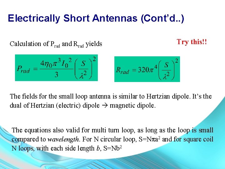 Electrically Short Antennas (Cont’d. . ) Calculation of Prad and Rrad yields Try this!!