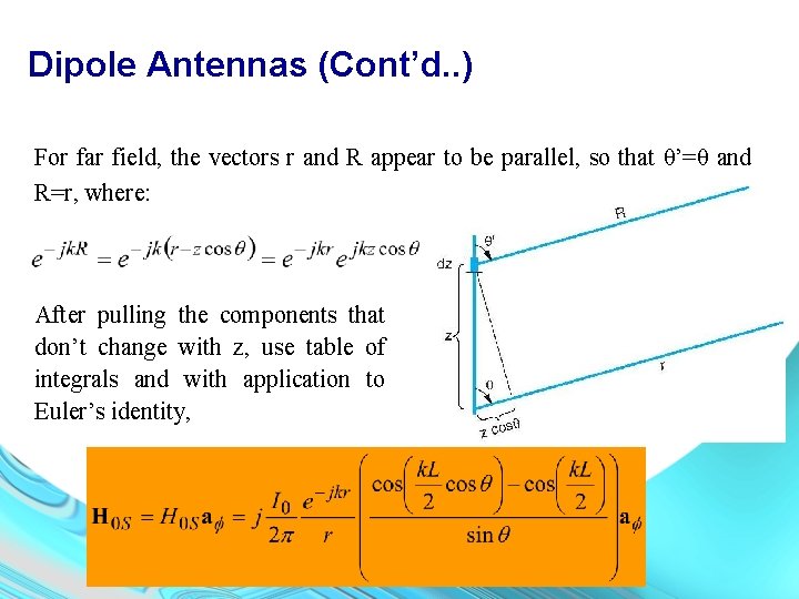 Dipole Antennas (Cont’d. . ) For far field, the vectors r and R appear