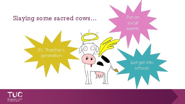 Slaying some sacred cows… Put on social events It’s Thatcher’s generation Just get into