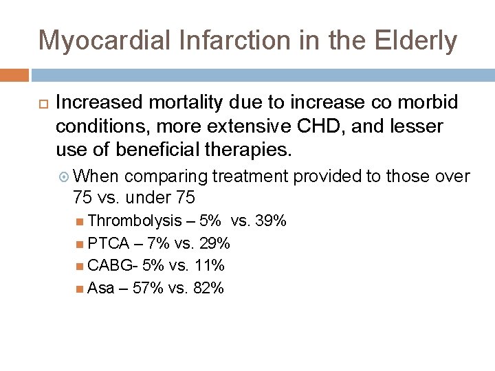 Myocardial Infarction in the Elderly Increased mortality due to increase co morbid conditions, more