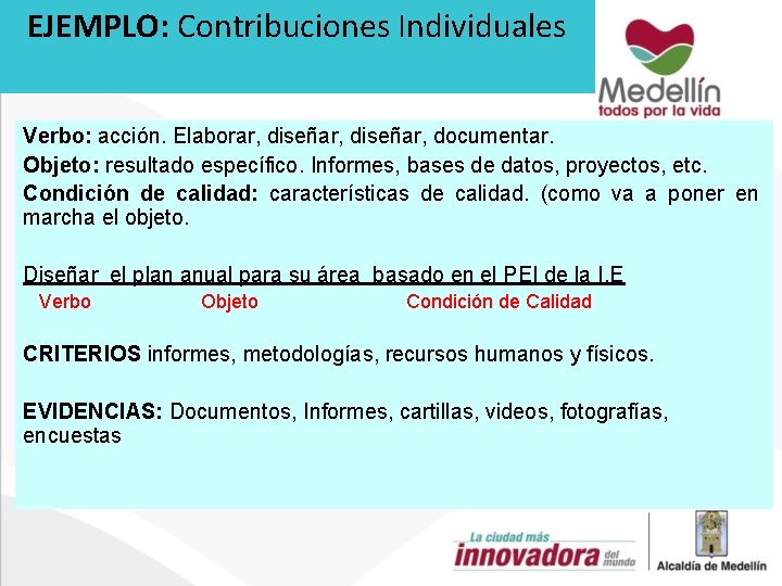 EJEMPLO: Contribuciones Individuales Verbo: acción. Elaborar, diseñar, documentar. Objeto: resultado específico. Informes, bases de