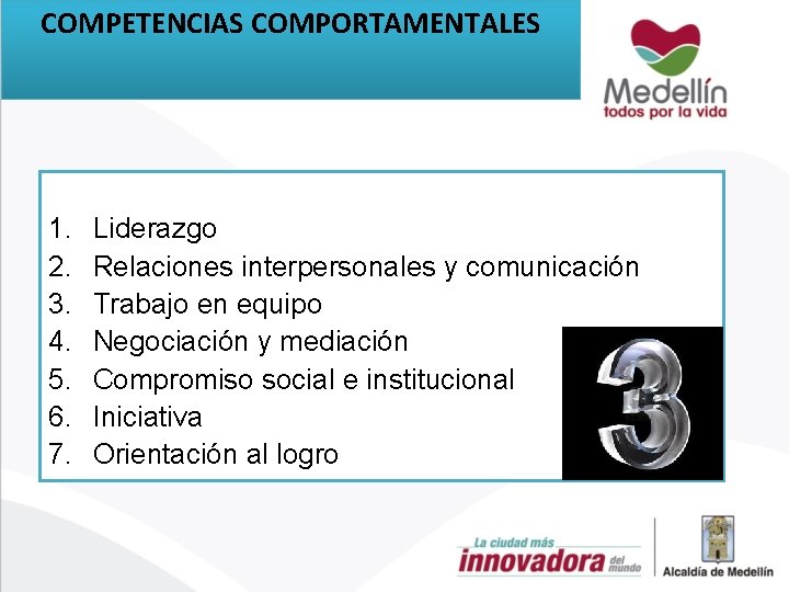 COMPETENCIAS COMPORTAMENTALES 1. 2. 3. 4. 5. 6. 7. Liderazgo Relaciones interpersonales y comunicación