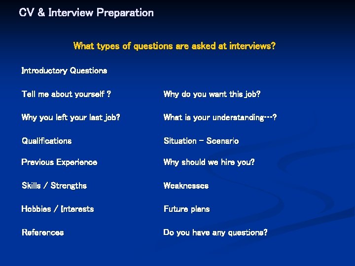 CV & Interview Preparation What types of questions are asked at interviews? Introductory Questions