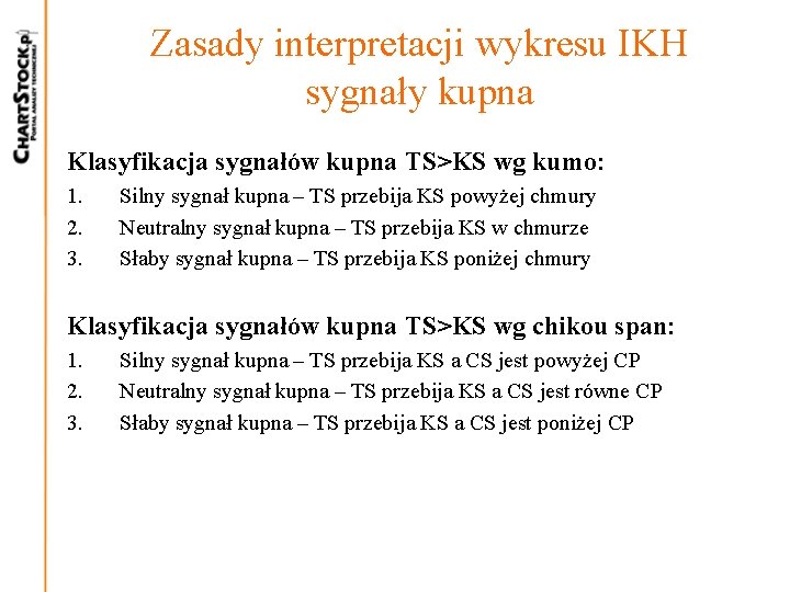 Zasady interpretacji wykresu IKH sygnały kupna Klasyfikacja sygnałów kupna TS>KS wg kumo: 1. 2. Zasady interpretacji wykresu IKH sygnały kupna Klasyfikacja sygnałów kupna TS>KS wg kumo: 1. 2.