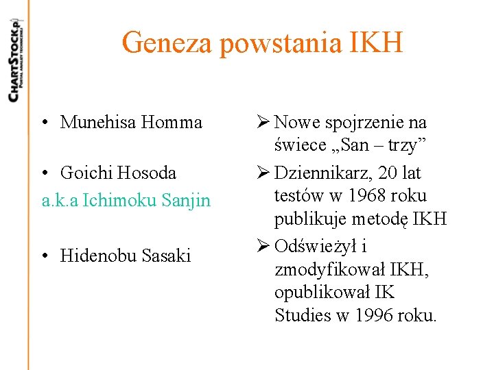 Geneza powstania IKH • Munehisa Homma • Goichi Hosoda a. k. a Ichimoku Sanjin Geneza powstania IKH • Munehisa Homma • Goichi Hosoda a. k. a Ichimoku Sanjin