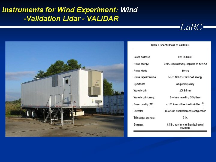 Instruments for Wind Experiment: Wind -Validation Lidar - VALIDAR La. RC 