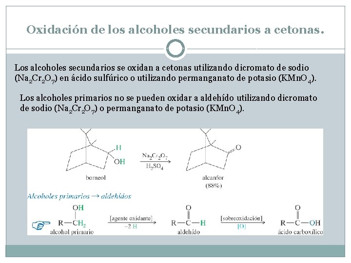 Oxidación de los alcoholes secundarios a cetonas. Los alcoholes secundarios se oxidan a cetonas