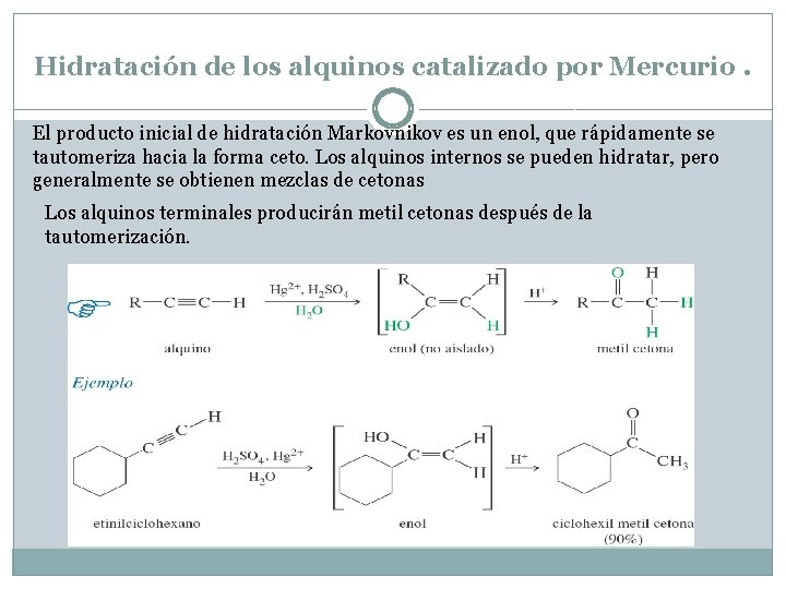Hidratación de los alquinos catalizado por Mercurio. El producto inicial de hidratación Markovnikov es