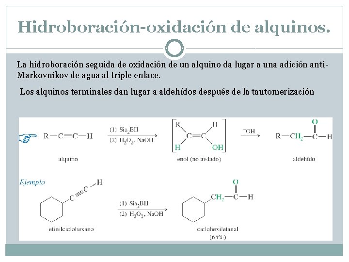 Hidroboración-oxidación de alquinos. La hidroboración seguida de oxidación de un alquino da lugar a