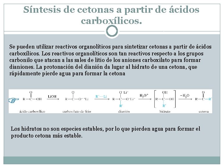 Síntesis de cetonas a partir de ácidos carboxílicos. Se pueden utilizar reactivos organolíticos para