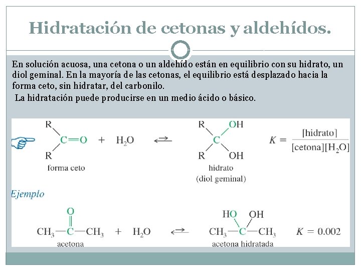 Hidratación de cetonas y aldehídos. En solución acuosa, una cetona o un aldehído están