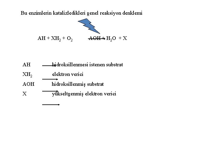 Bu enzimlerin katalizledikleri genel reaksiyon denklemi AH + XH 2 + O 2 AOH