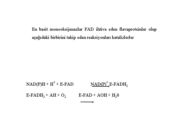 En basit monooksijenazlar FAD ihtiva eden flavaproteinler olup aşağıdaki birbirini takip eden reaksiyonları katalizlerler