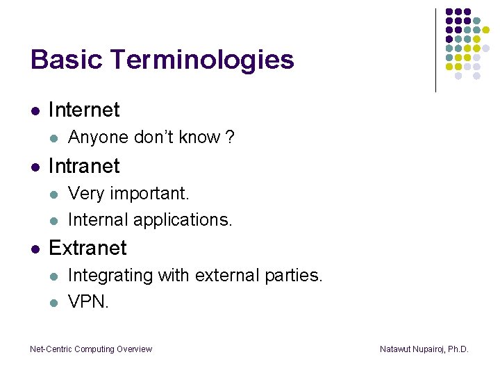 Basic Terminologies l Internet l l Intranet l l l Anyone don’t know ?