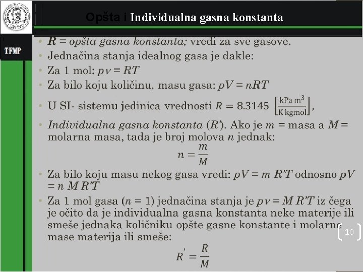 Opšta i Individualna gasna konstanta • 10 Opšta i Individualna gasna konstanta • 10