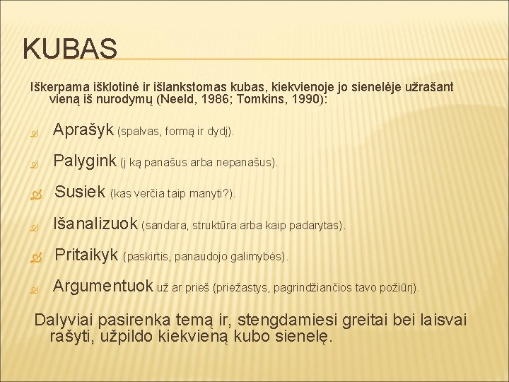 KUBAS Iškerpama išklotinė ir išlankstomas kubas, kiekvienoje jo sienelėje užrašant vieną iš nurodymų (Neeld,