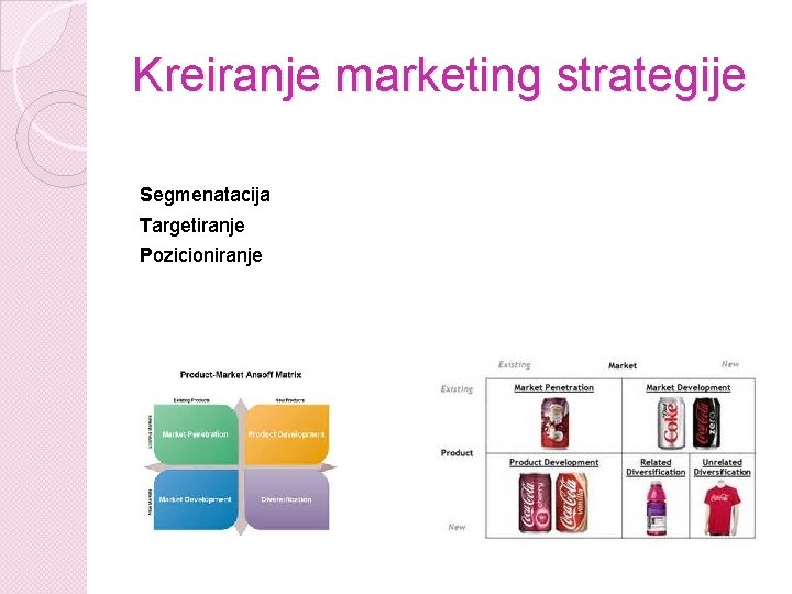 Kreiranje marketing strategije Segmenatacija Targetiranje Pozicioniranje 