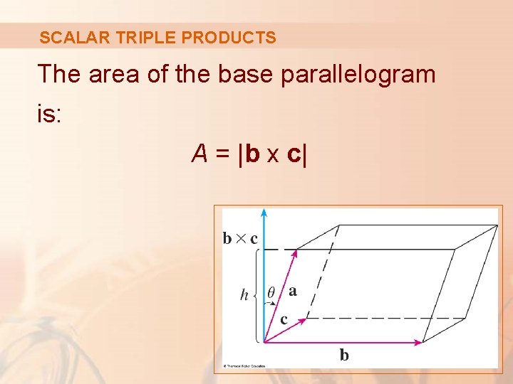 SCALAR TRIPLE PRODUCTS The area of the base parallelogram is: A = |b x