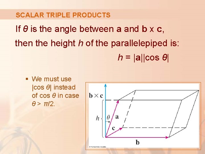 SCALAR TRIPLE PRODUCTS If θ is the angle between a and b x c,