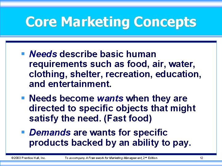 Core Marketing Concepts § Needs describe basic human requirements such as food, air, water,