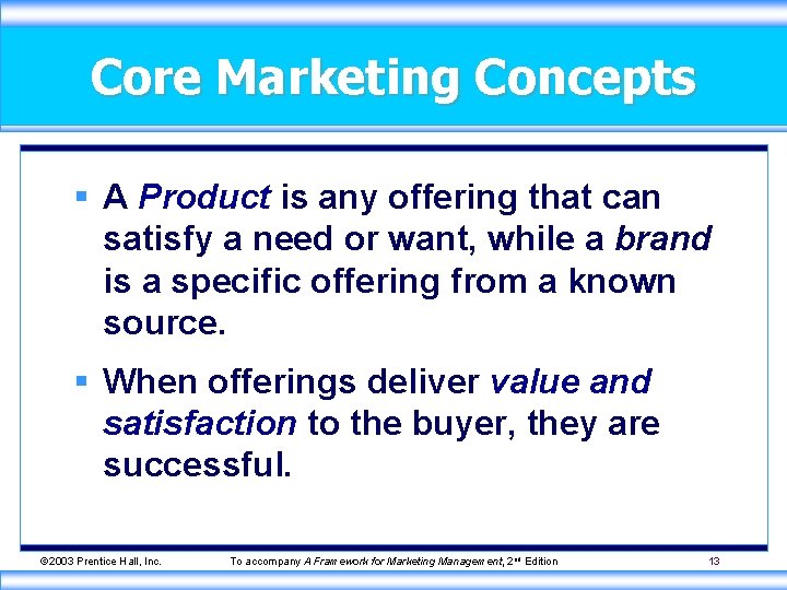 Core Marketing Concepts § A Product is any offering that can satisfy a need