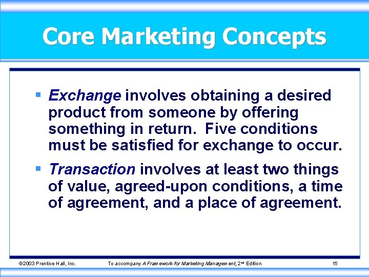 Core Marketing Concepts § Exchange involves obtaining a desired product from someone by offering