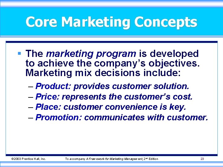 Core Marketing Concepts § The marketing program is developed to achieve the company’s objectives.