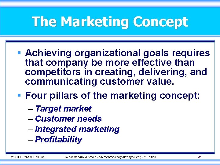 The Marketing Concept § Achieving organizational goals requires that company be more effective than