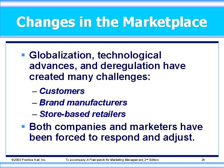 Changes in the Marketplace § Globalization, technological advances, and deregulation have created many challenges: