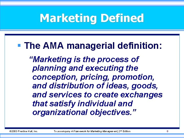 Marketing Defined § The AMA managerial definition: “Marketing is the process of planning and