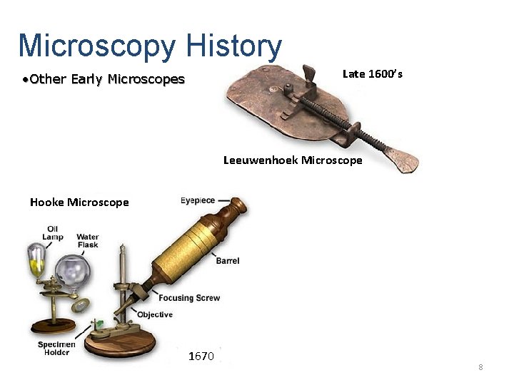 Microscopy History Late 1600’s • Other Early Microscopes Leeuwenhoek Microscope Hooke Microscope 1670 8