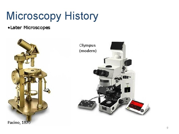 Microscopy History • Later Microscopes Olympus (modern) Pacino, 1870 9 