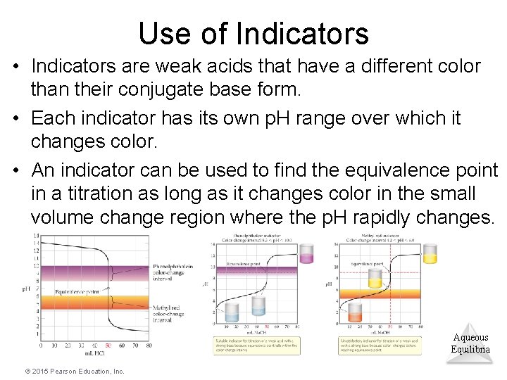 Use of Indicators • Indicators are weak acids that have a different color than