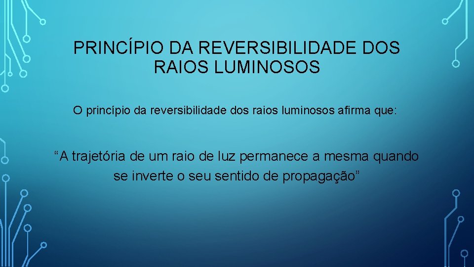 PRINCÍPIO DA REVERSIBILIDADE DOS RAIOS LUMINOSOS O princípio da reversibilidade dos raios luminosos afirma