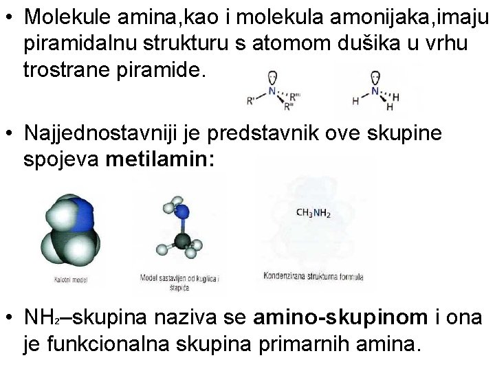  • Molekule amina, kao i molekula amonijaka, imaju piramidalnu strukturu s atomom dušika
