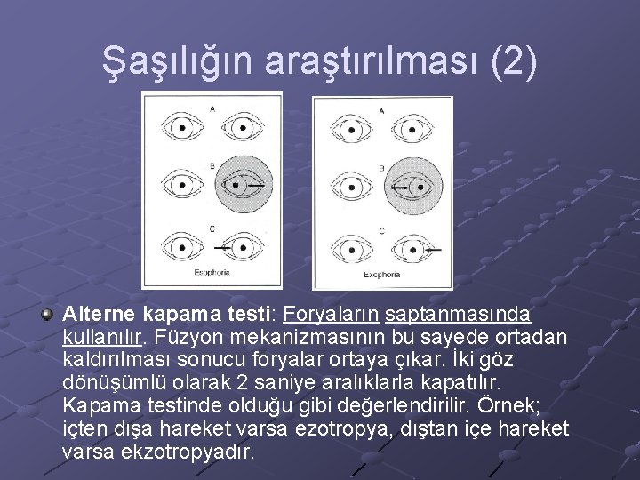 Şaşılığın araştırılması (2) Alterne kapama testi: Foryaların saptanmasında kullanılır. Füzyon mekanizmasının bu sayede ortadan